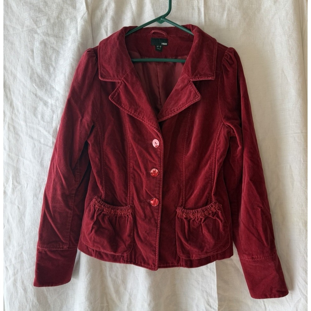 H&M Burgundy Velvet Jacket Womens Size 10 Puff Sleeve‎ Button Front Cottagecore